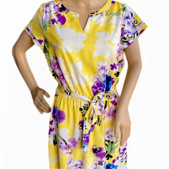 CHRISTOPHER & BANKS Dress Yellow Violet Floral Short Sleeve Knee Length Sz Small - Picture 3 of 15